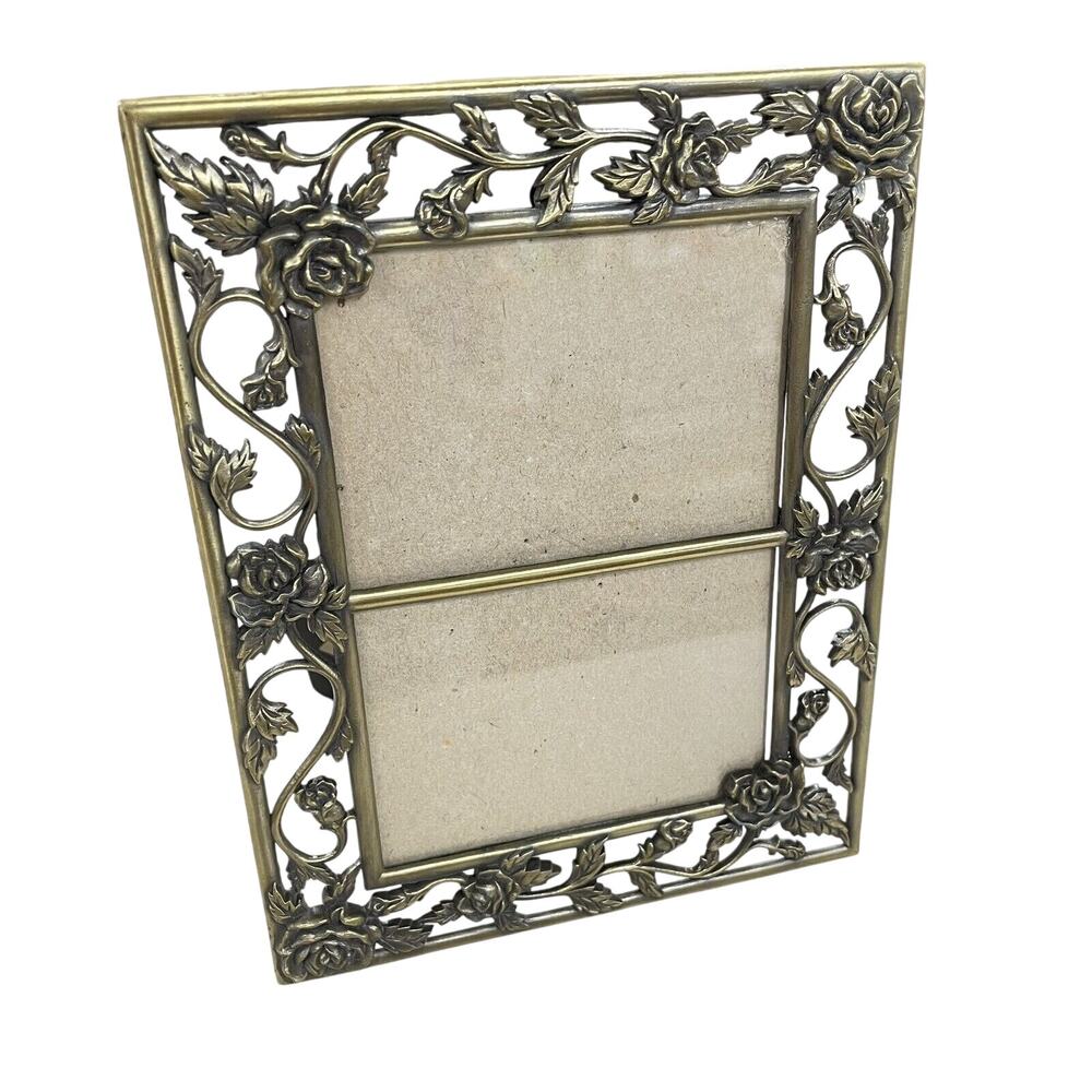 VTG Metal Standing Double Dual Picture Frame Ornate Style Gold Photo Floral - LN
